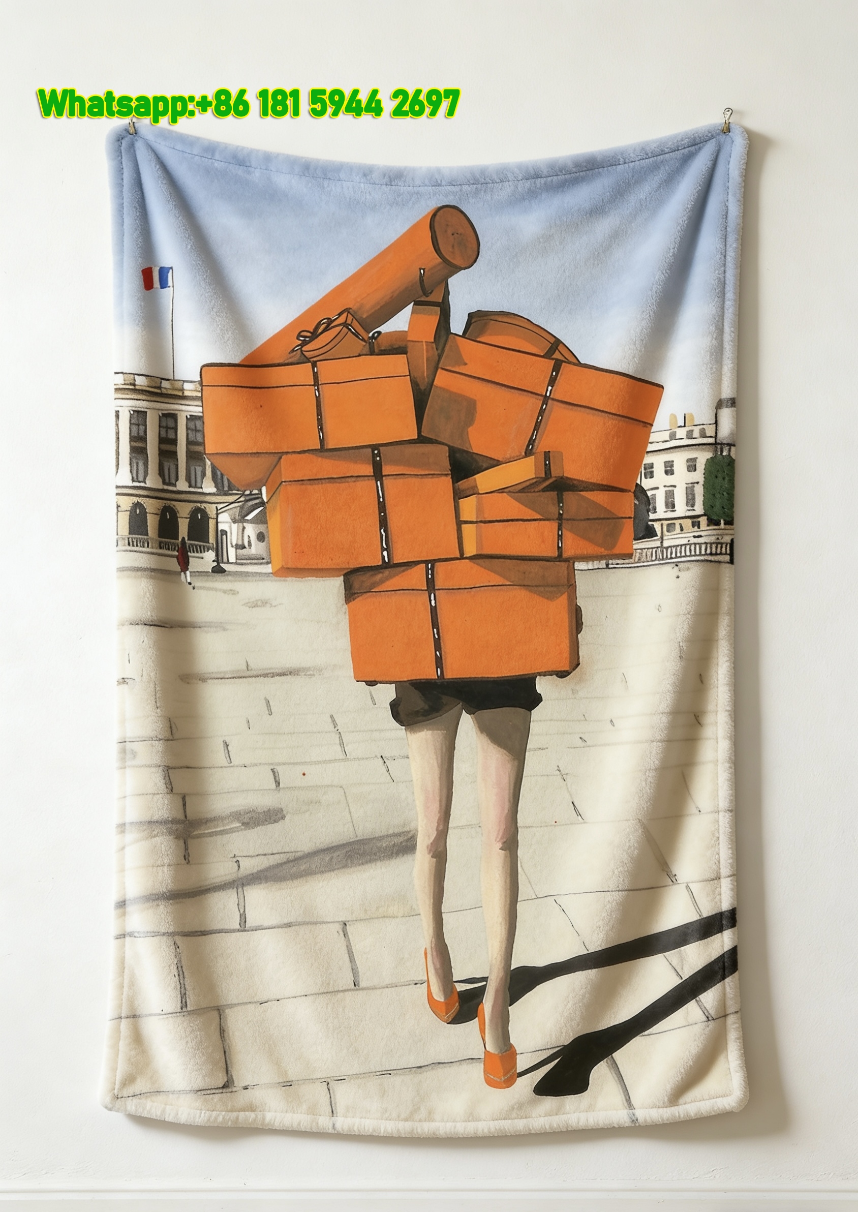 Hermes Parisian Orange Luxury Boxes Illustration Flannel Throw Blanket IMG_5424